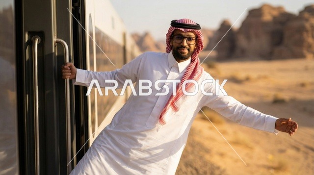 رجل سعودي بالثوب يطل من القطار في الصحراء