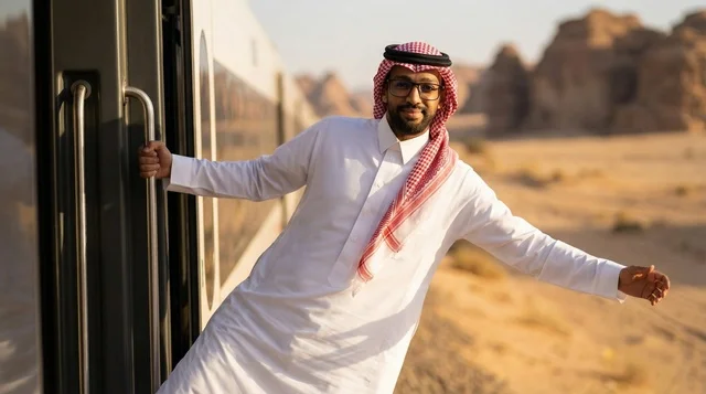 رجل سعودي بالثوب يطل من القطار في الصحراء