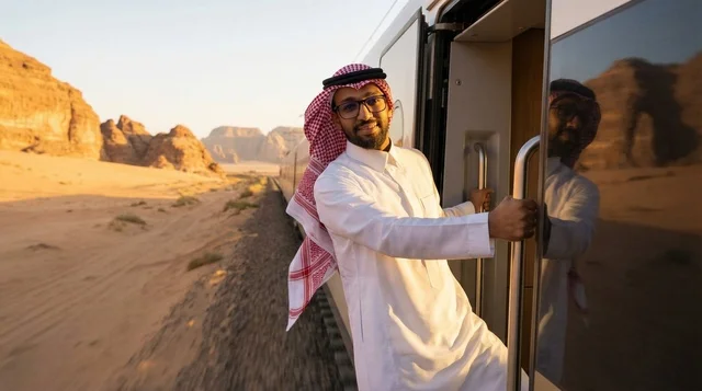 رجل سعودي بالزي التقليدي على متن قطار في الصحراء
