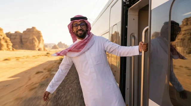 رجل سعودي باللباس التقليدي على متن قطار في صحراء العلا رجل سعودي باللباس التقليدي على متن قطار في صحراء العلا