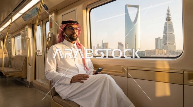 رجل سعودي في مترو الرياض مع إطلالة أفق المدينة