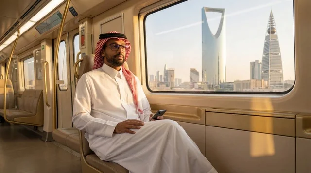Saudi Man in Riyadh Metro with City Skyline View