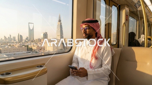 رجل سعودي في مترو الرياض مع إطلالة على أفق المدينة