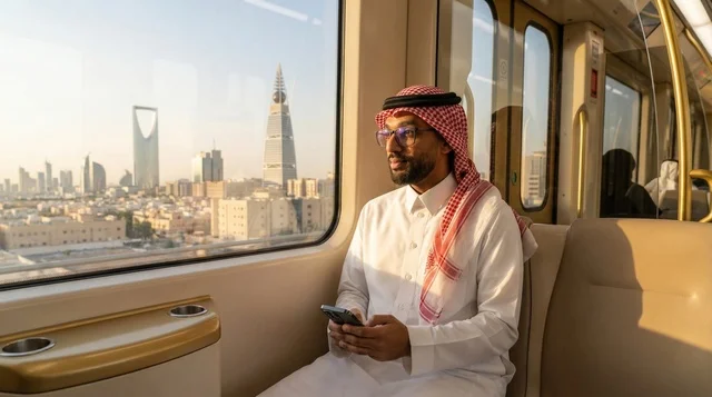رجل سعودي في مترو الرياض مع إطلالة على أفق المدينة
