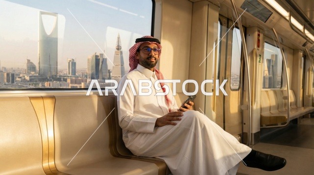 رجل سعودي في مترو الرياض مع إطلالة على أفق المدينة