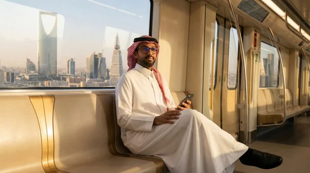 رجل سعودي في مترو الرياض مع إطلالة على أفق المدينة