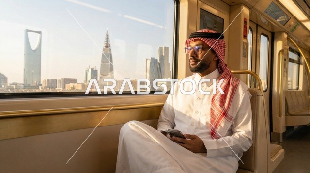 رجل سعودي في مترو الرياض مع إطلالة أفق المدينة