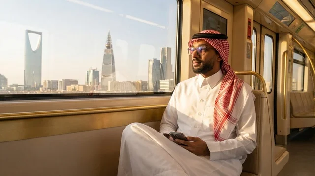 رجل سعودي في مترو الرياض مع إطلالة أفق المدينة