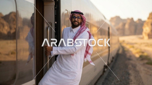 رجل سعودي بملابس تقليدية في قطار وسط الصحراء