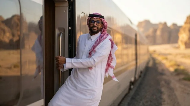 Saudi Man on High-Speed Train in Saudi Desert
