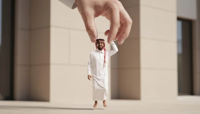 يد عملاقة ترفع رجلاً سعودياً مصغراً بالثوب