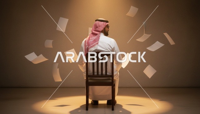 رجل سعودي مع أوراق متطايرة تحت الضوء في استوديو