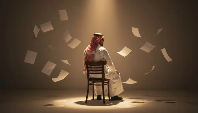 Saudi Man in Traditional Thobe with Floating Papers