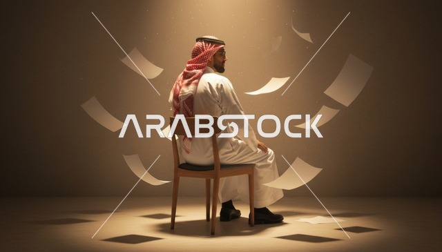 رجل سعودي مع أوراق متطايرة تحت إضاءة الاستوديو
