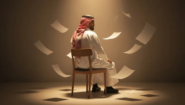 Saudi Man with Flying Papers in Studio Lighting