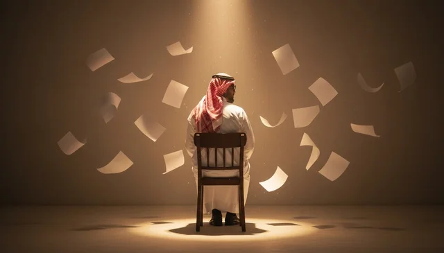 Saudi Businessman in Traditional Thobe with Flying Papers