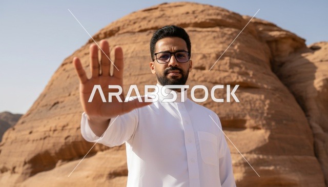 رجل سعودي بالثوب يشير للتوقف في جبال العلا