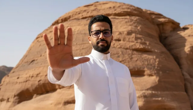 Saudi Man in Thobe Making Stop Gesture in Al-Ula