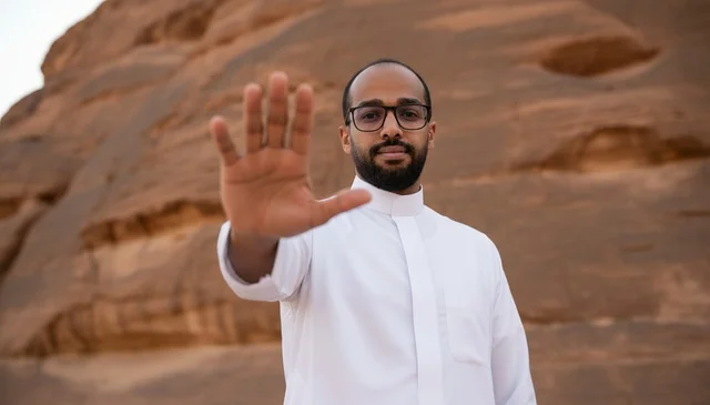 رجل سعودي بالثوب الأبيض يشير بالتوقف في الصحراء