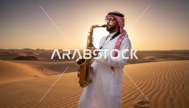 رجل سعودي يعزف الساكسفون في صحراء السعودية وقت الغروب