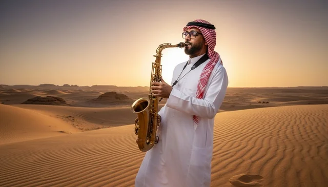 رجل سعودي يعزف الساكسفون في صحراء السعودية وقت الغروب