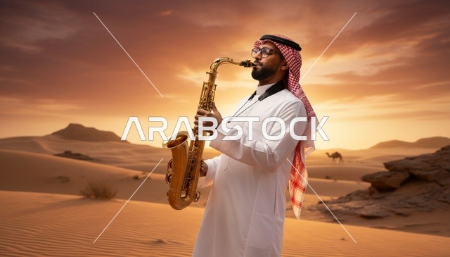 رجل سعودي يعزف الساكسفون في الصحراء وقت الغروب