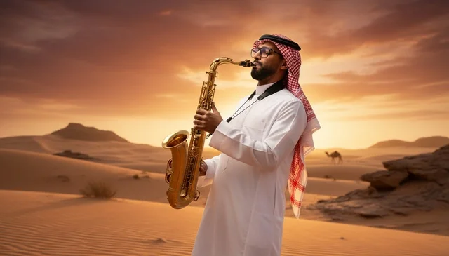Saudi Man Playing Saxophone in Desert Sunset