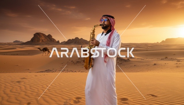 رجل سعودي بالثوب التقليدي يعزف الساكسفون في الصحراء