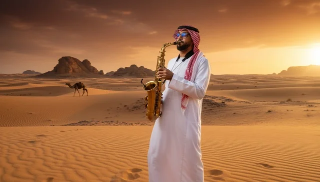 رجل سعودي بالثوب التقليدي يعزف الساكسفون في الصحراء