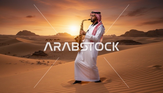 رجل سعودي يعزف الساكسفون في الصحراء وقت الغروب