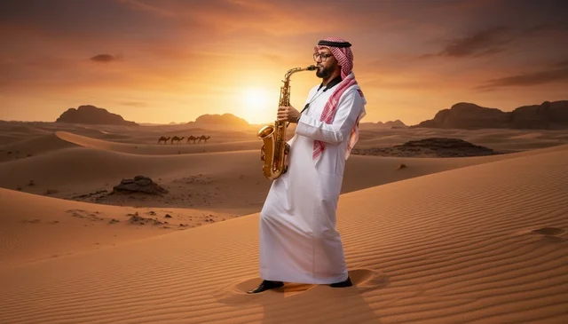 رجل سعودي يعزف الساكسفون في الصحراء وقت الغروب