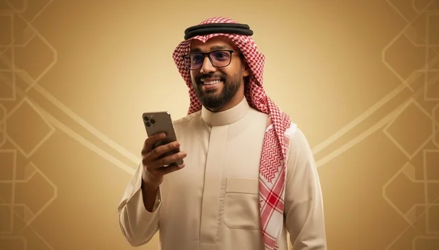 Saudi Man in Traditional Thobe Using Smartphone