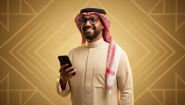 رجل سعودي يرتدي الزي التقليدي ويحمل هاتف ذكي