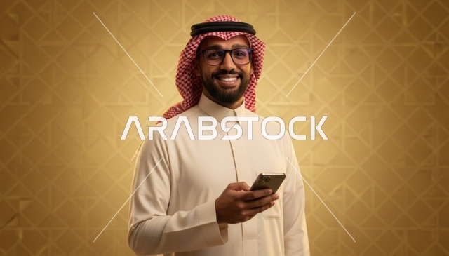 رجل سعودي بالثوب والشماغ يستخدم هاتف ذكي خلفية ذهبية