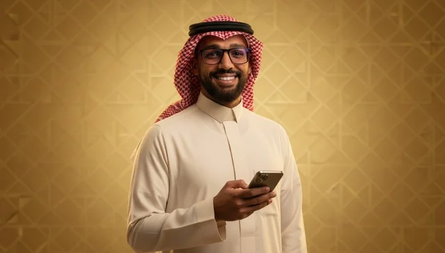 Saudi Man in Thobe Using Smartphone Gold Background