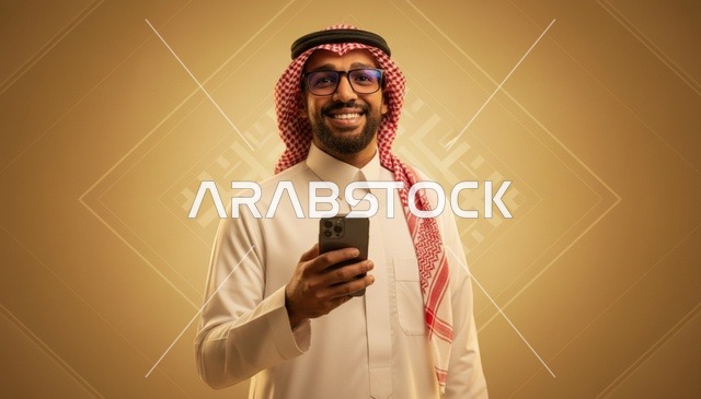 رجل سعودي بالزي التقليدي يمسك هاتف ذكي