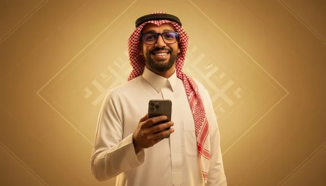 رجل سعودي بالزي التقليدي يمسك هاتف ذكي