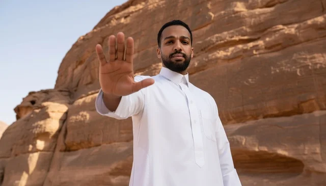 رجل سعودي بالثوب الأبيض يشير بعلامة التوقف في الصحراء