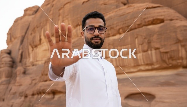 رجل سعودي بالثوب يرفع يده بعلامة التوقف في الصحراء