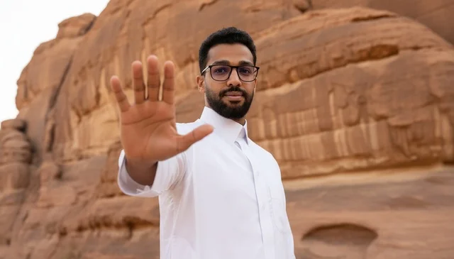 رجل سعودي بالثوب يرفع يده بعلامة التوقف في الصحراء