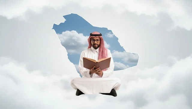 Saudi Man Reading Book with Saudi Arabia Map Background
