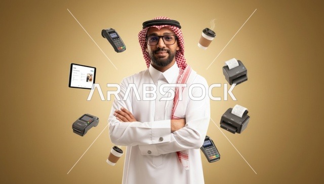 رجل سعودي مع أجهزة نقاط البيع وتقنيات الدفع