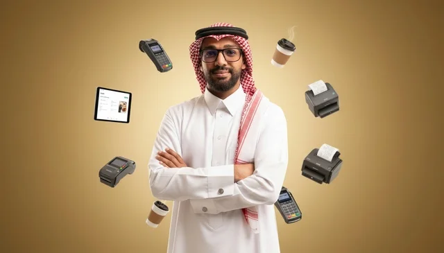 رجل سعودي مع أجهزة نقاط البيع وتقنيات الدفع