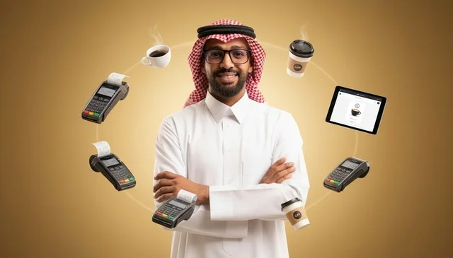 رجل أعمال سعودي مع أجهزة نقاط البيع والقهوة