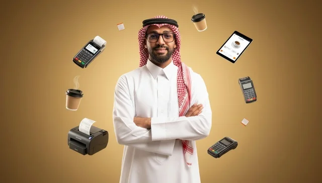 رجل أعمال سعودي مع أجهزة نقاط البيع وتقنيات التجزئة