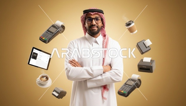 رجل أعمال سعودي مع أنظمة نقاط البيع المتنوعة