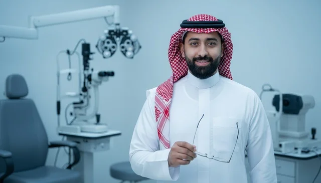 Saudi Man in Ophthalmology Clinic Holding Glasses