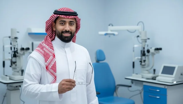 Saudi Male Ophthalmologist Holding Glasses in Eye Clinic