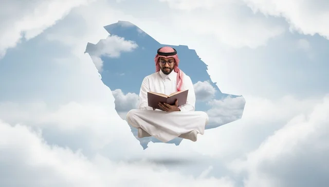 رجل سعودي يقرأ كتاباً فوق السحب مع خريطة المملكة
