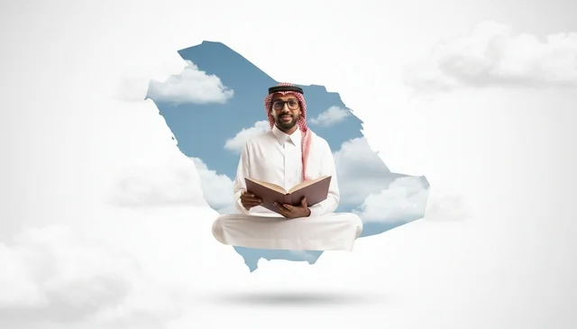 رجل سعودي يقرأ كتاباً أمام خريطة المملكة العربية السعودية